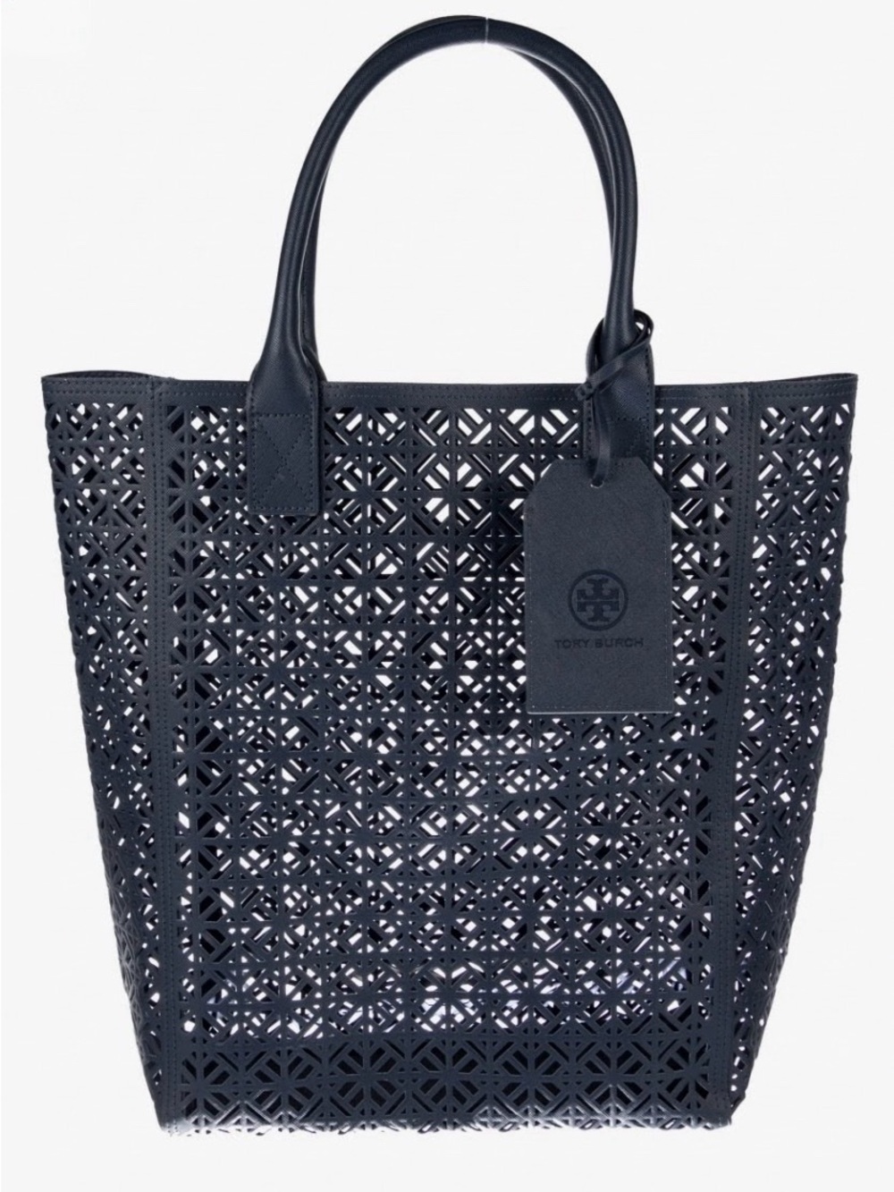 Tory Burch Coated Cannes Navy Laser-Cut Tote with Logo Tag. + A GIFT 🎁